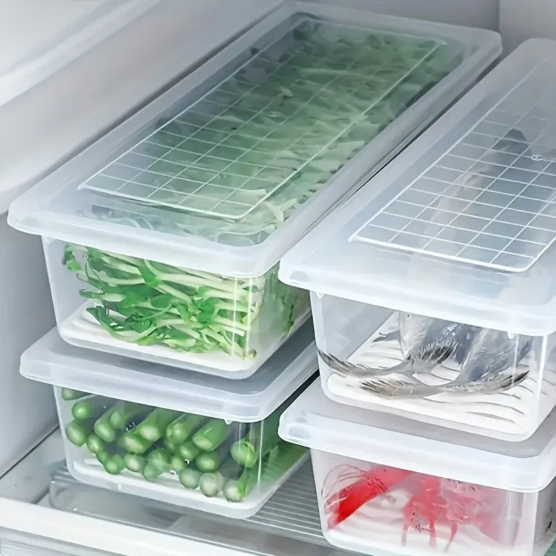 2-teiliges luftdichtes, stapelbares Vorratsbehälter-Set für Lebensmittel mit Deckel und abnehmbarem Abflussschale – wiederverwendbare Kühlschrank-Organizer-Boxen