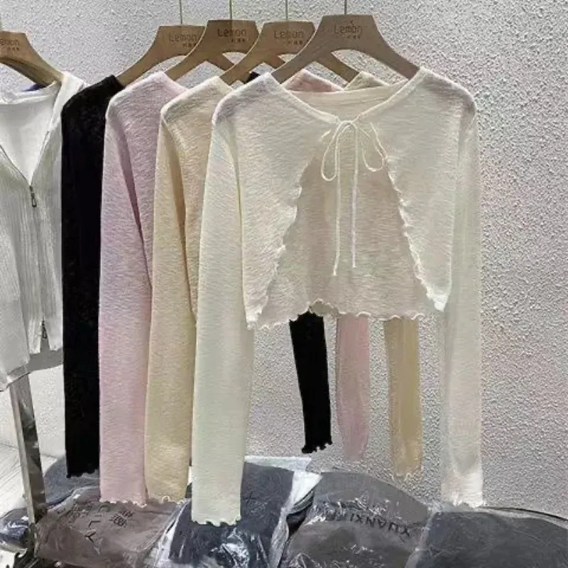 Sommer Frauen Dünne Sonnencreme Strickjacke Spitze-up Strickwaren Tops Weiblichen Koreanischen Stil Laterne Hülse Kurzen Mantel Casual Sonne Geschützt