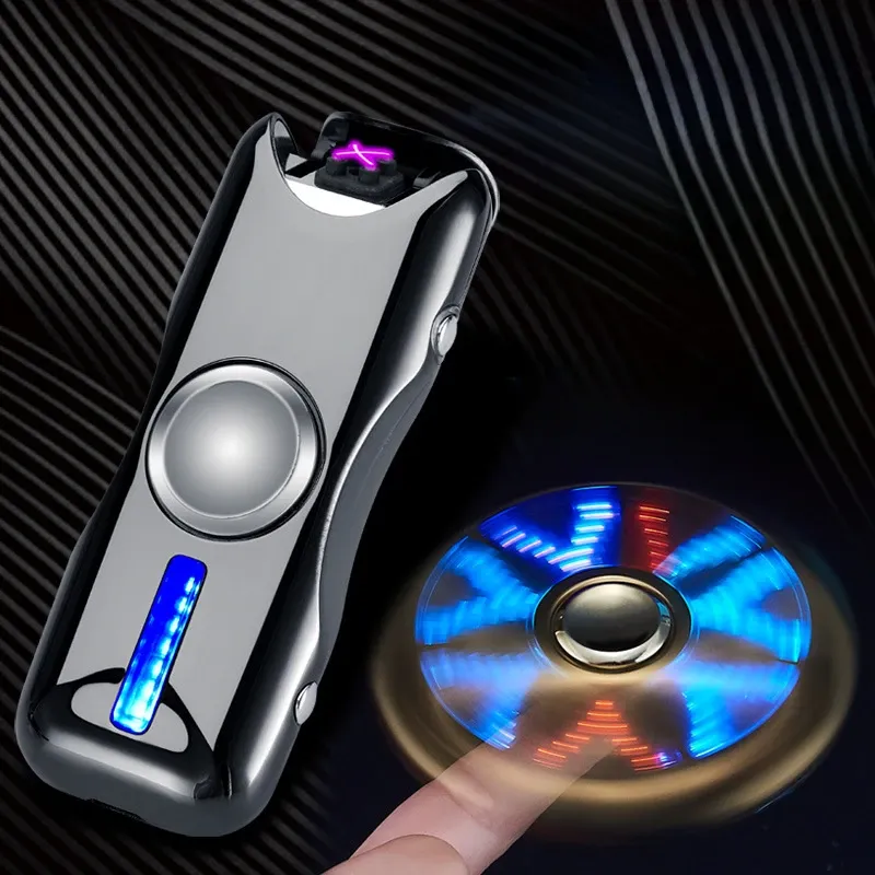 Neuer ungewöhnlicher Fidget Spinner, elektrisches Doppelbogen-Metallfeuerzeug, LED-Licht, Plasmaimpuls, flammenloser Zünder, USB-Aufladung, kreatives Geschenk