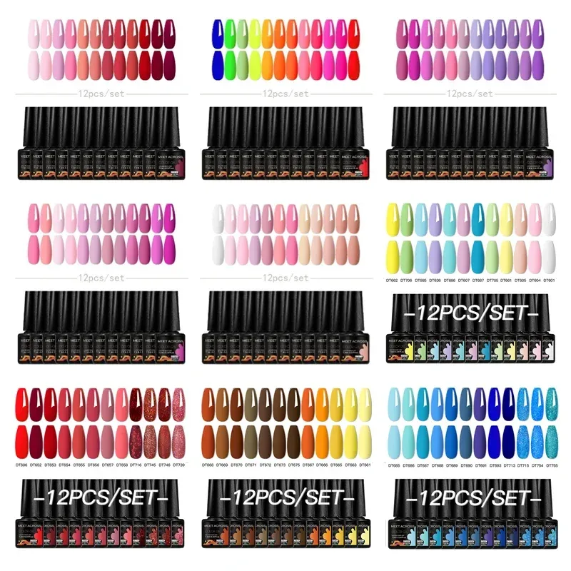 MEET ACROSS 12-teiliges Gel-Nagellack-Set, 7,3 ml, rosa, blau, Neon-Macaron-Farbe für Nägel, UV-Gel, LED, Nagelkunst-Lack, Maniküre-Set