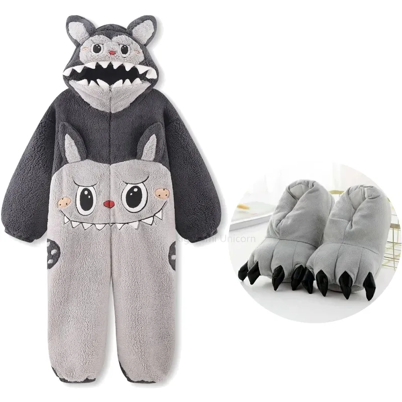 Kigurumi Einhorn Katze Onesie Winter Warme Nachtwäsche Frauen Männer Pyjamas Slipper Paar Pijamas Cartoon Mit Kapuze Nightwears Slipper