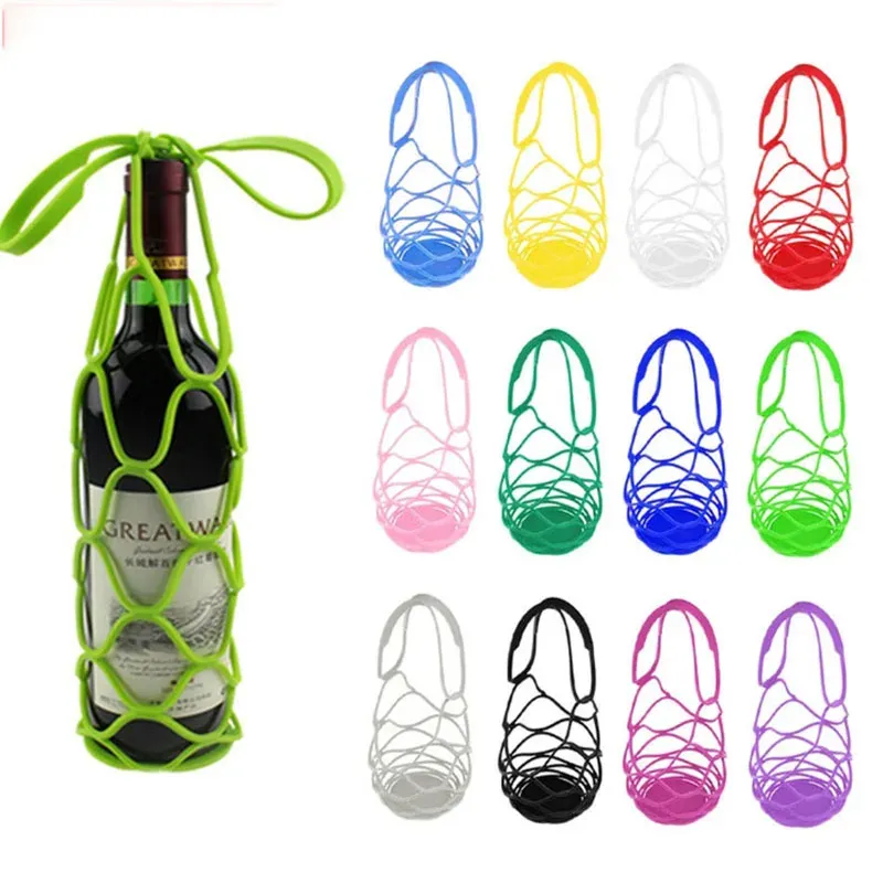 Waschbare Silikon Wein Flasche Lagerung Tasche Wiederverwendbare Wasser Flasche Tragetaschen Tasse Matte Wein Flasche Mesh Korb Für Picknick Organizer