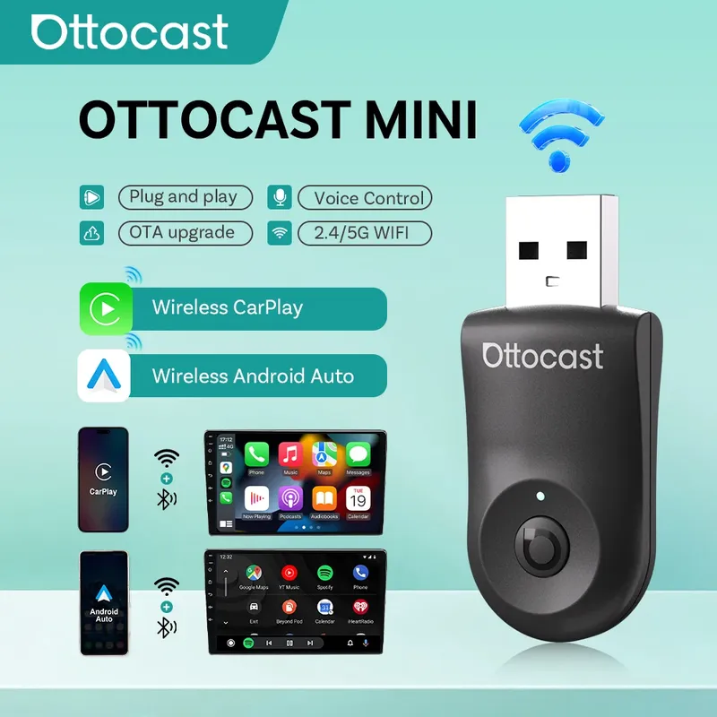 Ottocast 2-in-1 kabelloser CarPlay Android Auto-Adapter Plug Play Fast Connect Mini-USB-Dongle für Mercedes Benz Audi Toyota usw