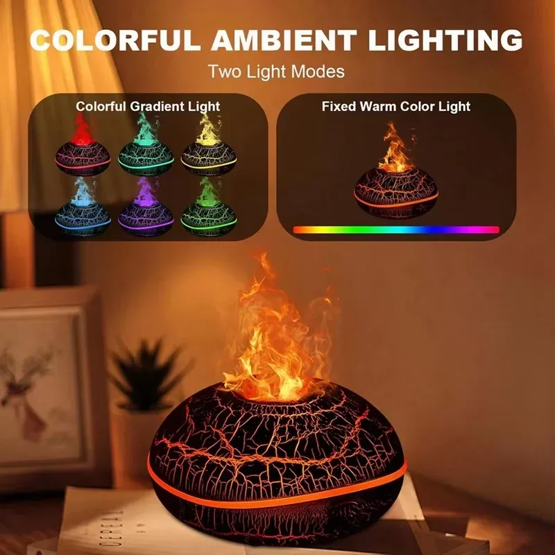 Aromatherapie-Luftbefeuchter mit Flammeneffekt und 7-Farben-Lichtern – Diffusor für ätherische Öle, Flammeneffekt, großer Sprühbereich für H