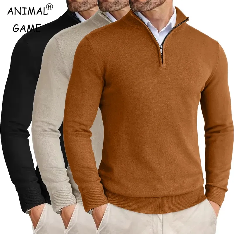 Herren-Pullover mit Viertelreißverschluss, schmale Passform, leichter Pullover, Outdoor-Pullover mit Stehkragen, halber Rollkragenpullover, gestrickt, Streetwear