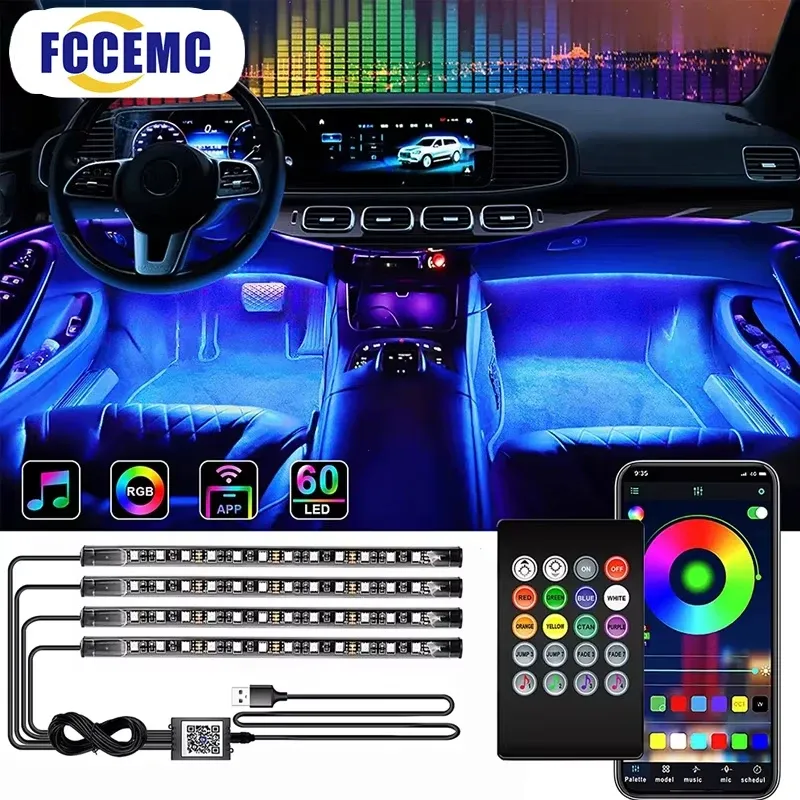 RGB Hintergrundbeleuchtung Fernbedienung App Musik Steuerung Auto Dekorative Lampe Neon LED Auto Innen Umgebungs Fuß Streifen Licht Kit Zubehör