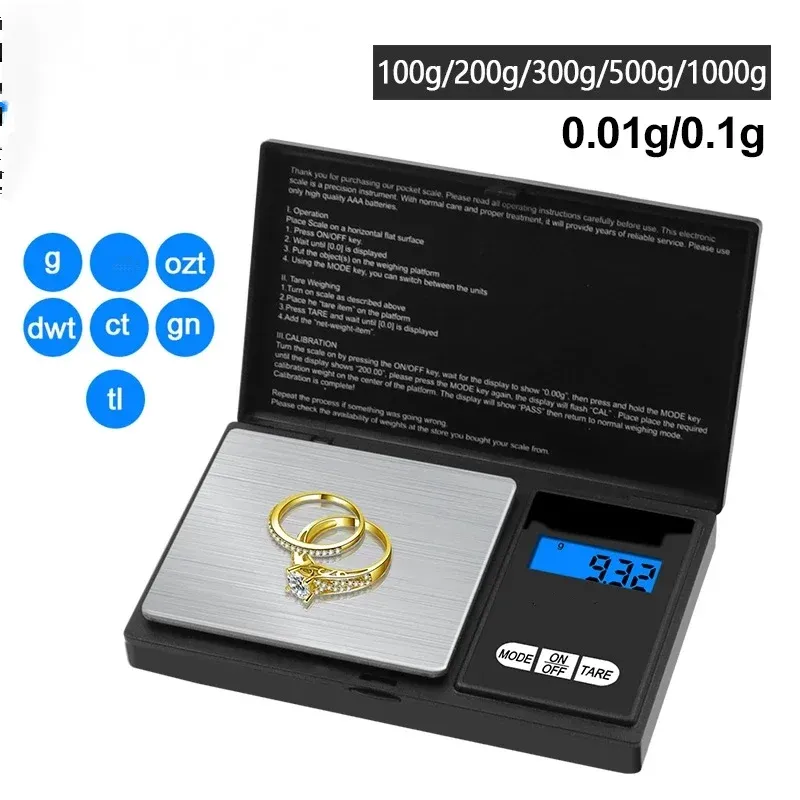 Elektronische Miniwaage, Taschenwaage aus Gold und reinem Silber, digitale Präzisionswaage 200/500 g x 0,01 g/1 kg x 0,1 g
