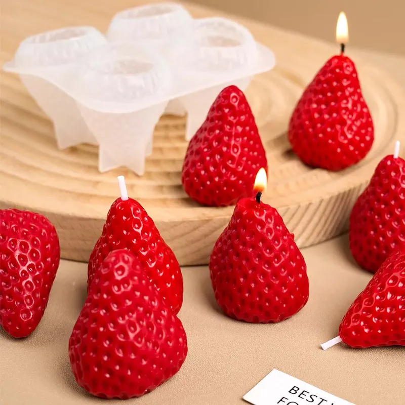 4Pcs Erdbeere Geformt Silikon Kerze Form DIY Handgemachte Obst Duft Kerzen Seife Handwerk Casting Formen Hause Valentinstag Dezember