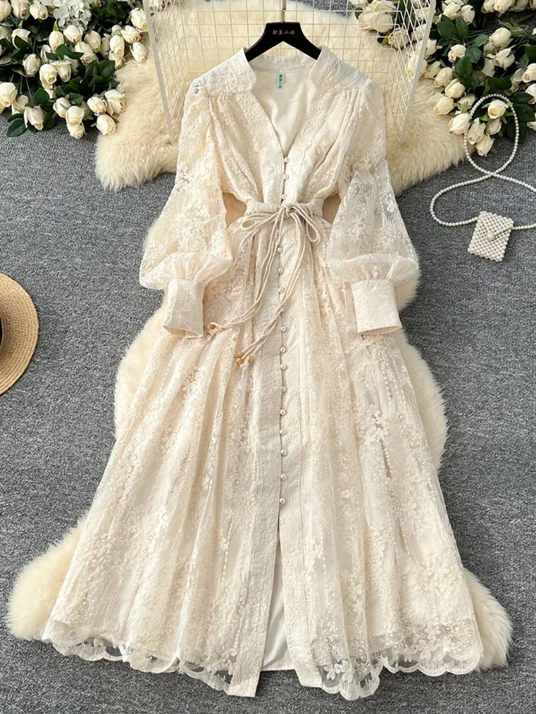 Frühling Herbst Französisch High-end-frauen Kleid Neue Spitze Stickerei V-ausschnitt Laterne Ärmeln Einreiher Party Geburtstag Kleid C192