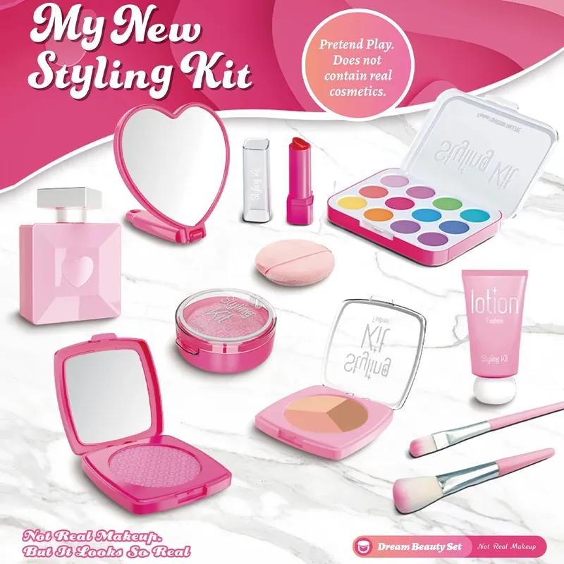Spielen Sie Make-up-Spielzeuge, simulierte Kosmetik, gefälschtes Make-up-Set, Lippenstift, Puder, Rouge, kein echtes Make-up für Mädchengeschenke