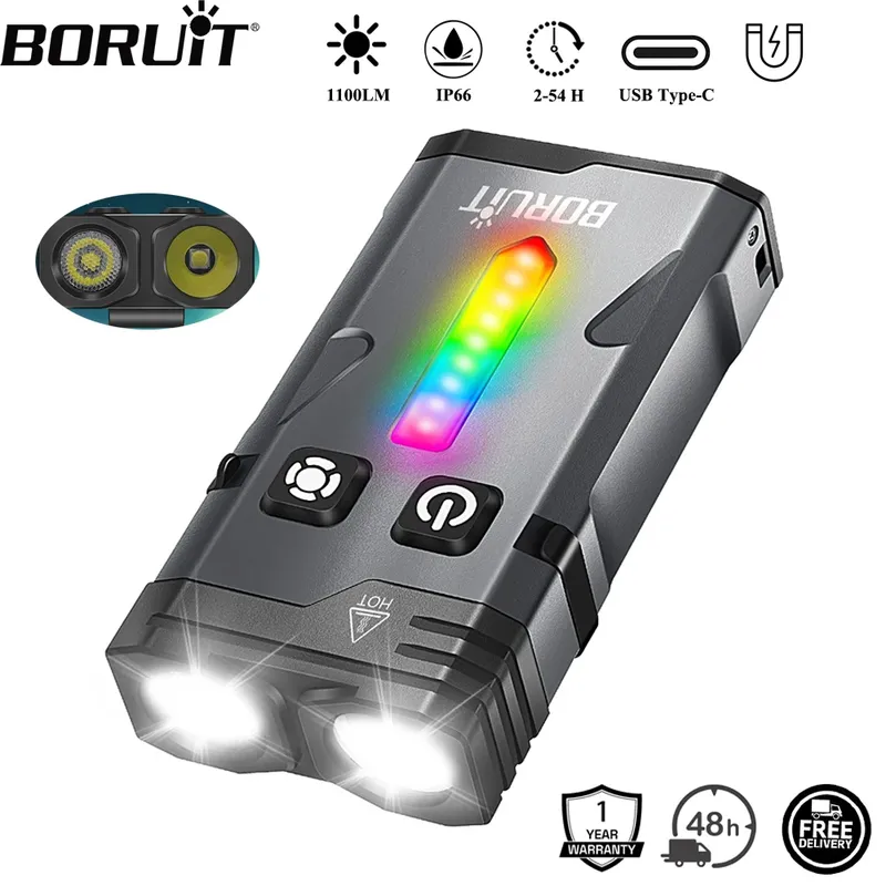 BORUiT EV10 1100LM LED-Schlüsselanhänger-EDC-Taschenlampe Typ C wiederaufladbare Arbeitslicht-Taschenlampe mit Magnet für Camping-Taschenlaterne