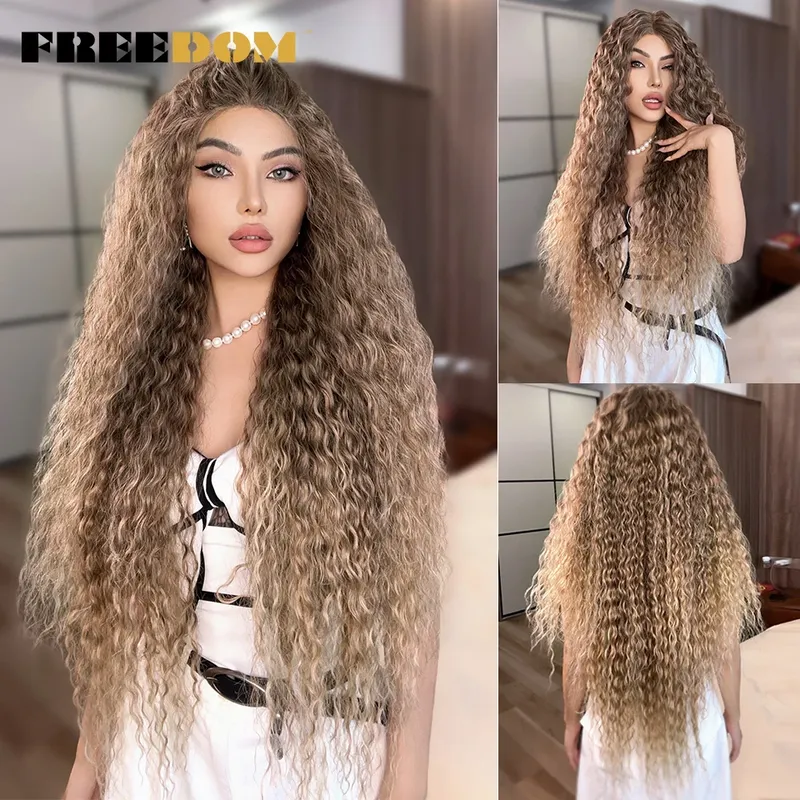 FREEDOM Synthetische Lace-Front-Perücken, 86,4 cm, superlange lockige Spitzenperücken für Frauen, Ombre-braune Lace-Front-Cosplay-Perücken