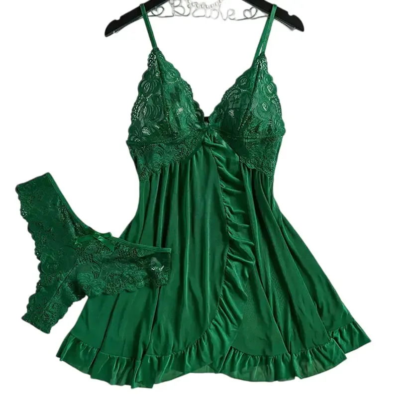 Weiche schiere Nachthemden Pyjamas Hotselling Nachthemden dunkelgrün Neckholder Kleid Frauen Nachtwäsche Sexy BH Plus Größe Nachthemd Tanga Sets