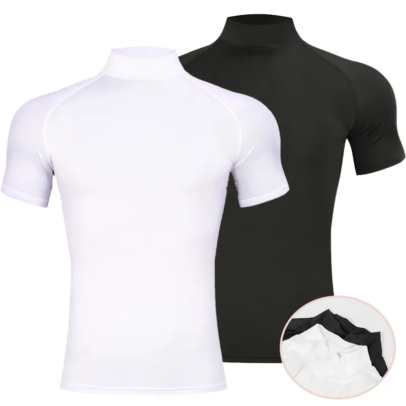 Herren Bodybuilding Sport Enges T-shirt Sommer Kompression Rollkragen Kurzarm Gym Fitness Läuft Schnell Trocknend Männlich Workout Top