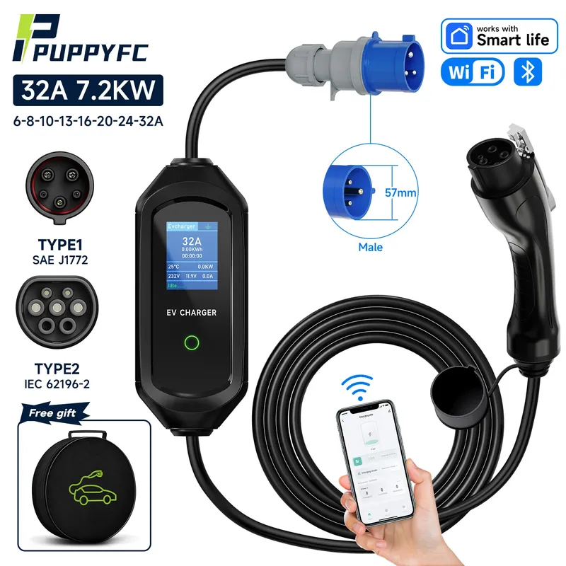Puppyfc 7,2KW Typ1 EV-Ladegerät 32A 1-Phasig Typ2/GBT Wallbox Elektroauto-Ladestation EVSE Schnellladung CEE-Stecker WLAN-Steuerung