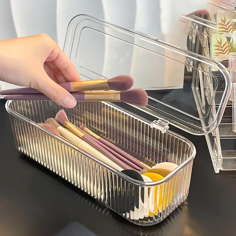 1 Stück Make-up-Organizer aus Acryl mit Deckel – staubdichte Kosmetik-Aufbewahrungsbox für Pinsel, tragbare Schönheitsschwämme und Puderquasten