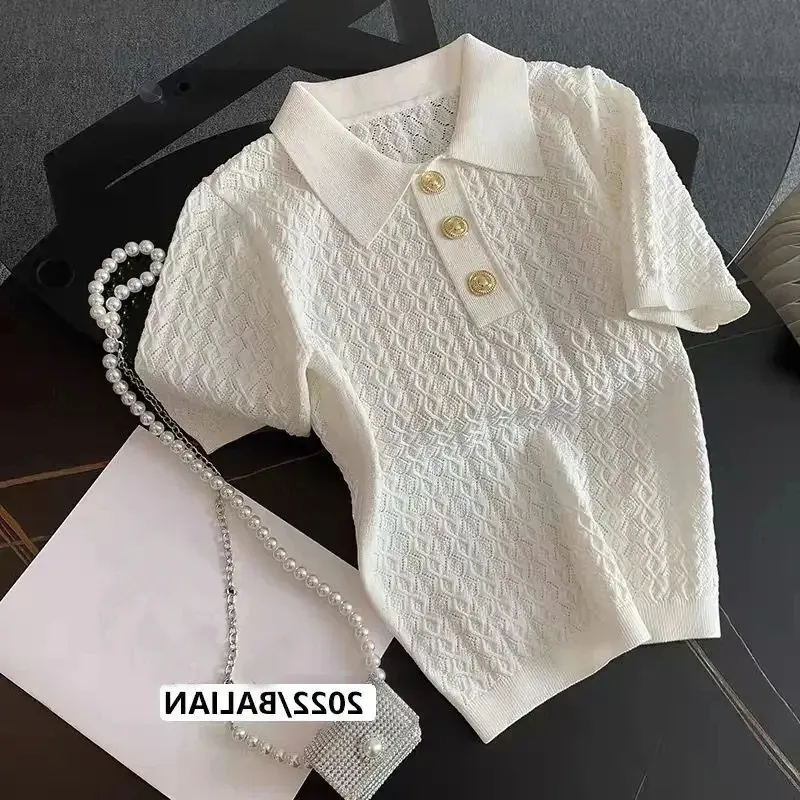 Poloshirt aus Eisseide, gestrickt, kurzärmelig, Sommer, schick, dünn, einzigartig, Jacquard, Damenoberteile, 2025, koreanischer Stil, Damenbekleidung
