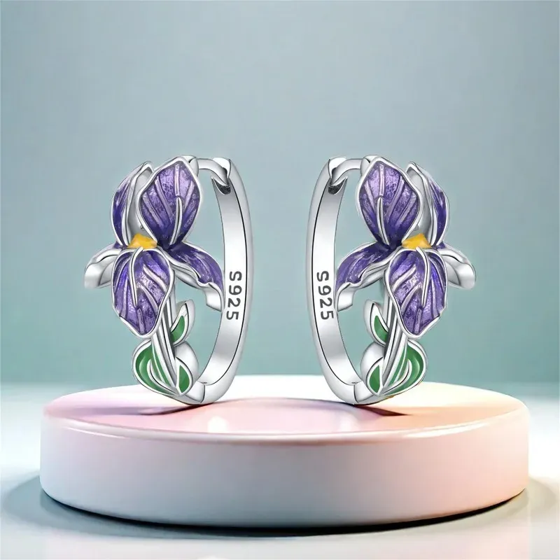 925 Sterling Silber Blumen- und Pflanzen-Serie Lila Iris-Ohrringe Exquisite Hochzeits- und Partygeschenke für Damen Modeschmuck Geschenke