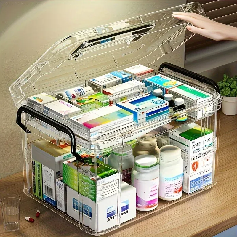 Moderne wasserdichte Medikamenten-Aufbewahrungsbox aus PVC, doppelschichtig, stapelbar, Klappverschluss oben, rechteckige Form