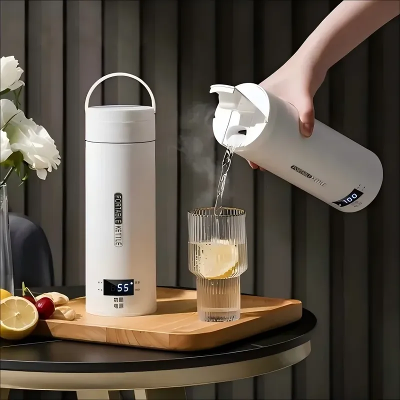HOMEFISH 450ML Elektrischer Wasserkocher Tragbarer Tee- und Kaffeekocher Reise-Wasserkocher Thermobecher Verbrühungsschutz Wasserflasche Englisches Menü