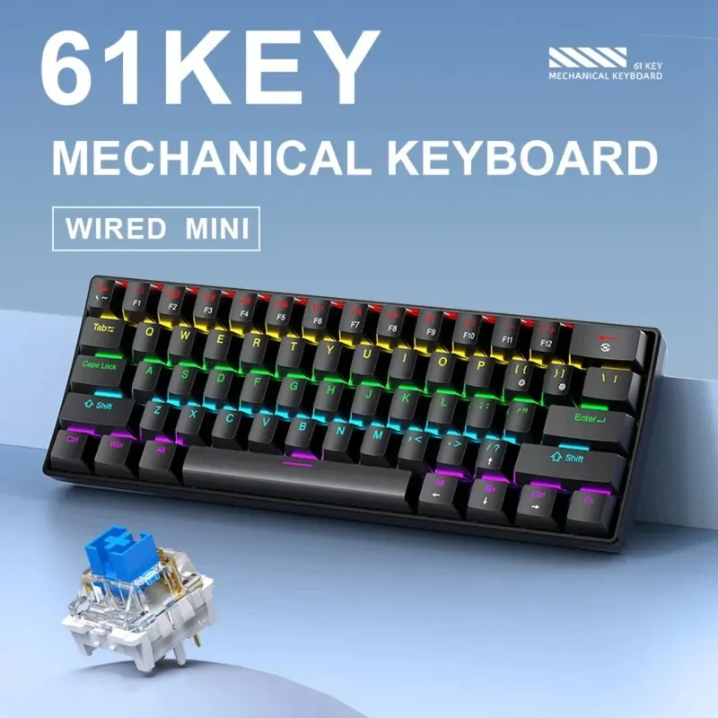 APAYADO K61 Kabelgebundene mechanische Tastatur – 60 % kompakt (61 Tasten), RGB-Hintergrundbeleuchtung, tragbares Design, Phantomschalter, für Spiele