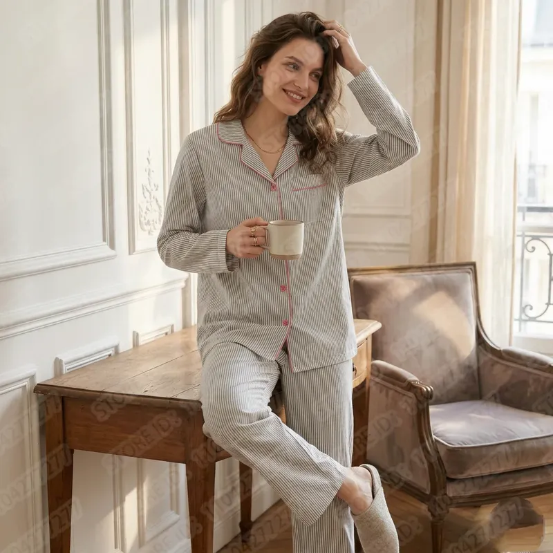2-teiliges Damen-Pyjama-Set mit Langen Ärmeln und Streifenmuster, Weiche Atmungsaktive Loungewear, Lässige Locker Sitzende Schlafanzüge für Mädchen
