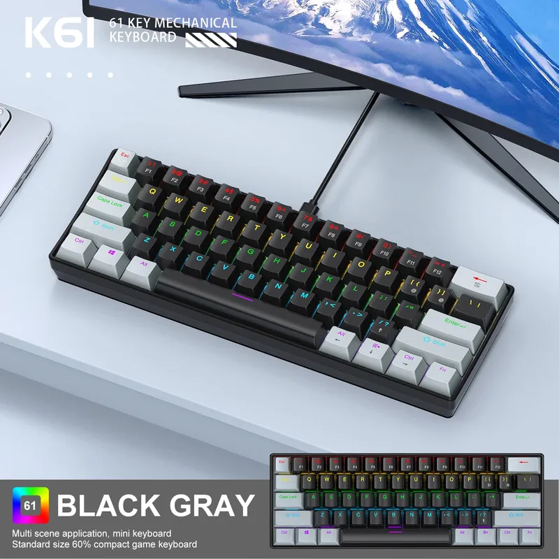 K61 Mechanische Tastatur mit kabelgebundener Verbindung, RGB-Hintergrundbeleuchtung, Mini-Tastatur mit 61 Tasten, geeignet für Desktop-Computer und Laptop