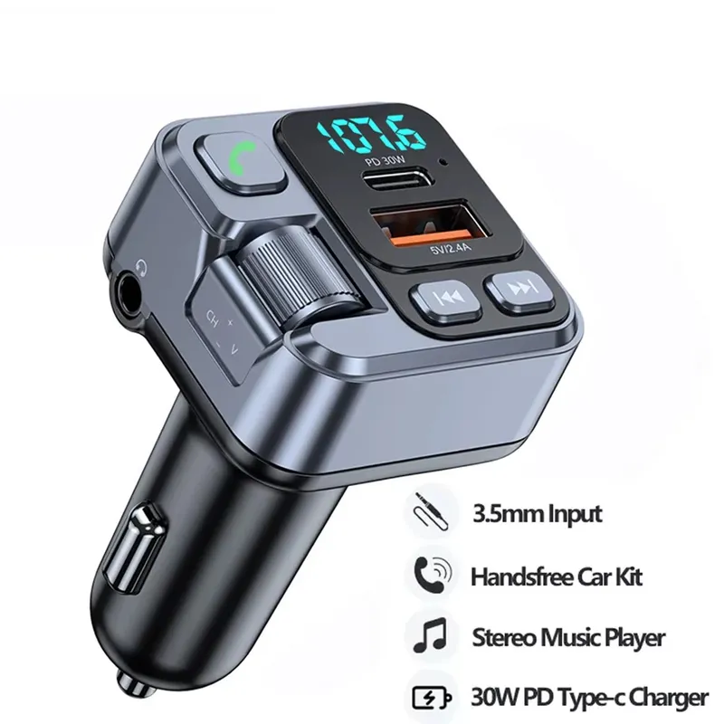 Bluetooth 5.1 Auto FM-Transmitter Auto MP3-Stereo-Musikplayer Freisprecheinrichtung 3,5mm Aux Kabelloses Auto-Kit 30W PD USB-C Schnellladegerät
