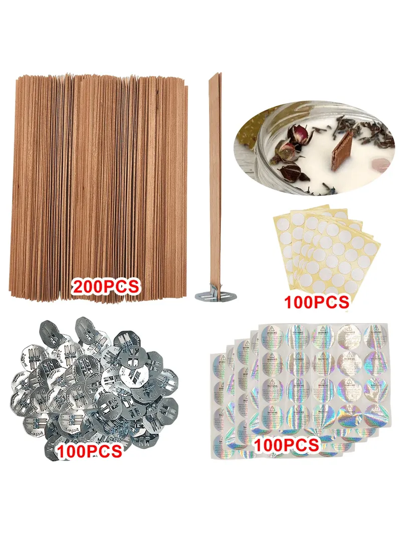 100 Stück/200 Stück für Kirschholz-Kerzendochte für Kerzen, Kerzendochte aus Holz, rauchfreier Klingeln, mit Eisenklammern, Kerzenkleberpunkten, Kerzenwarnetiketten, DIY-Kerzenherstellung