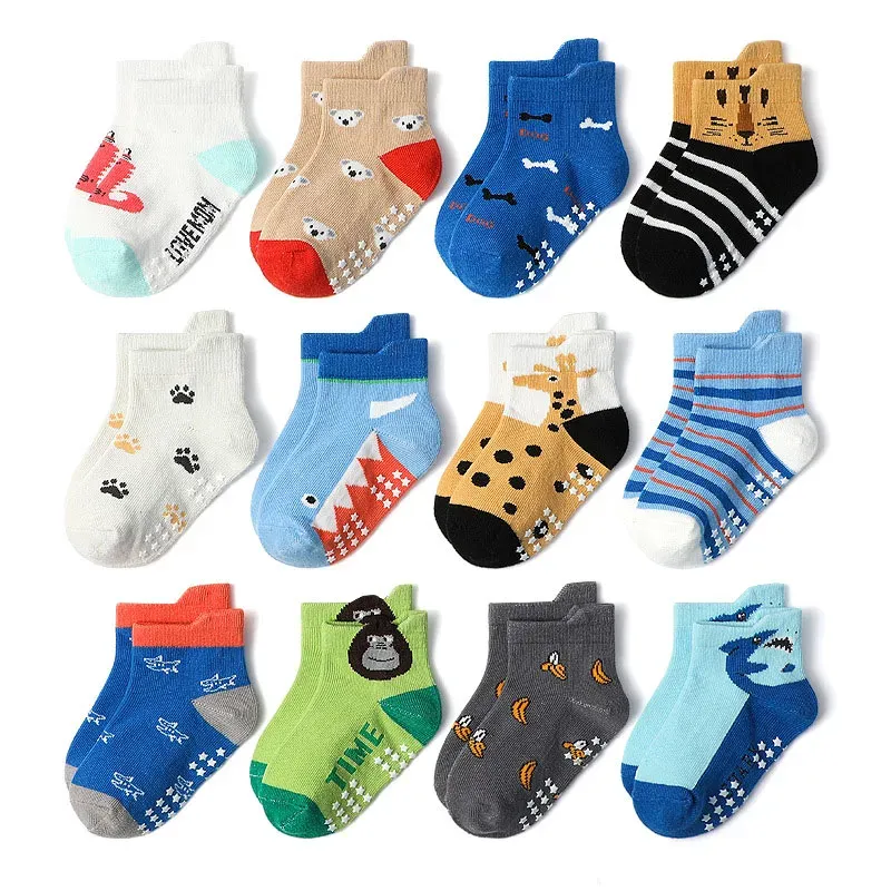 6 Paar Kindersocken, Cartoon-Tiermuster, Baumwolle, rutschfeste Bodensocken für Jungen, Kleinkinder, ganzjährig