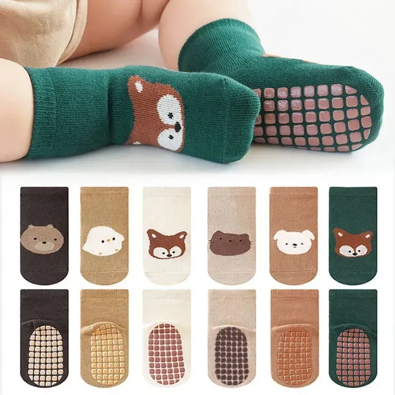 Homefish 6 Paar rutschfeste Kindersocken mit niedlichem Cartoon-Motiv, Fuchs und Bär, für Kinder, Jungen und Mädchen, Bodensocken, bequem für Kleinkinder