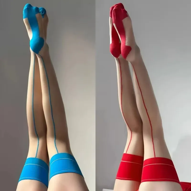 Vintage Cuban Heel Back Naht Oberschenkel Hohe Strümpfe Öl Glänzende Ultra Dünne Transparente Seide Strumpfwaren Frauen Sexy Patchwork Dessous