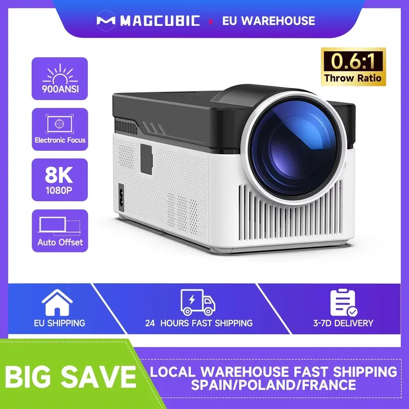 Magcubic 0.6:1 Auto-Offset-Projektor HY450 1080P 8K 4K 900ANSI WiFi6 Heimkino-Projektor mit Sprachfernbedienung