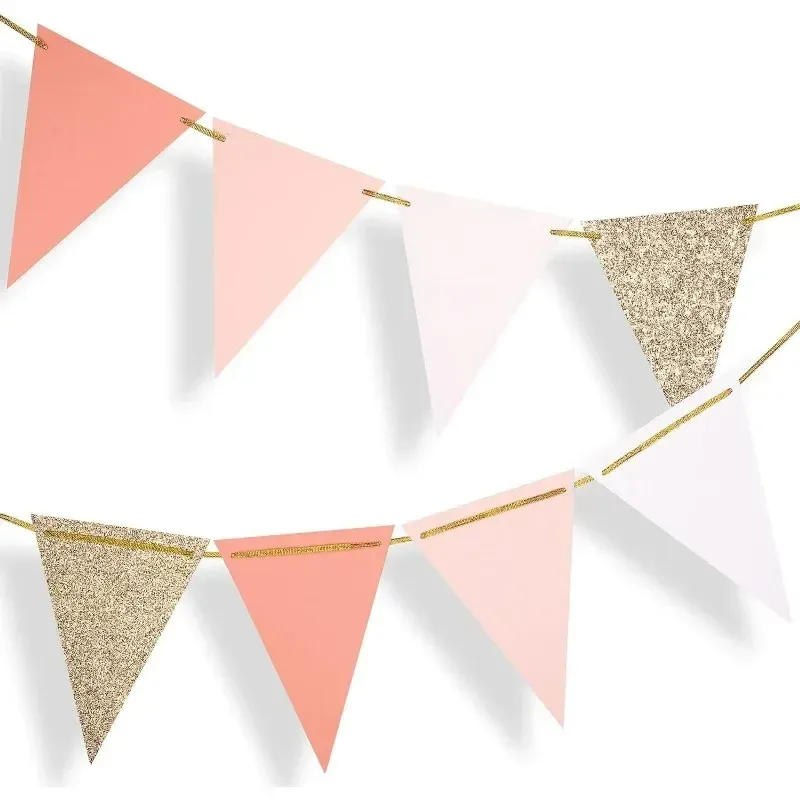10ft Vintage Wimpelbanner Roségold Rosa Partydekorationen Papier Dreiecksflaggen Wimpelkette für Boho Babyparty Mädchenzimmer Kinderzimmer