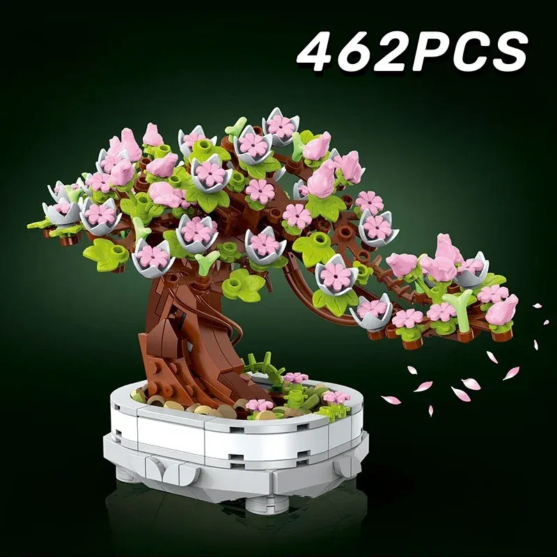 462PCS Bonsai Baustein Blume Kreative Pflanze Kirschblüte Baum Topf Bouquet DIY Hause Dekoration Geschenke Spielzeug