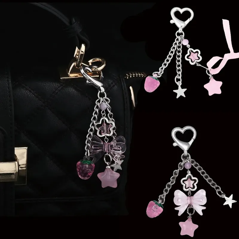 1PCS Süße Stil Bogen Schlüsselbund Rosa Anhänger Kreative Handy Kurze Kette Liebe fünfzackigen Stern Zubehör Tasche Dekoration