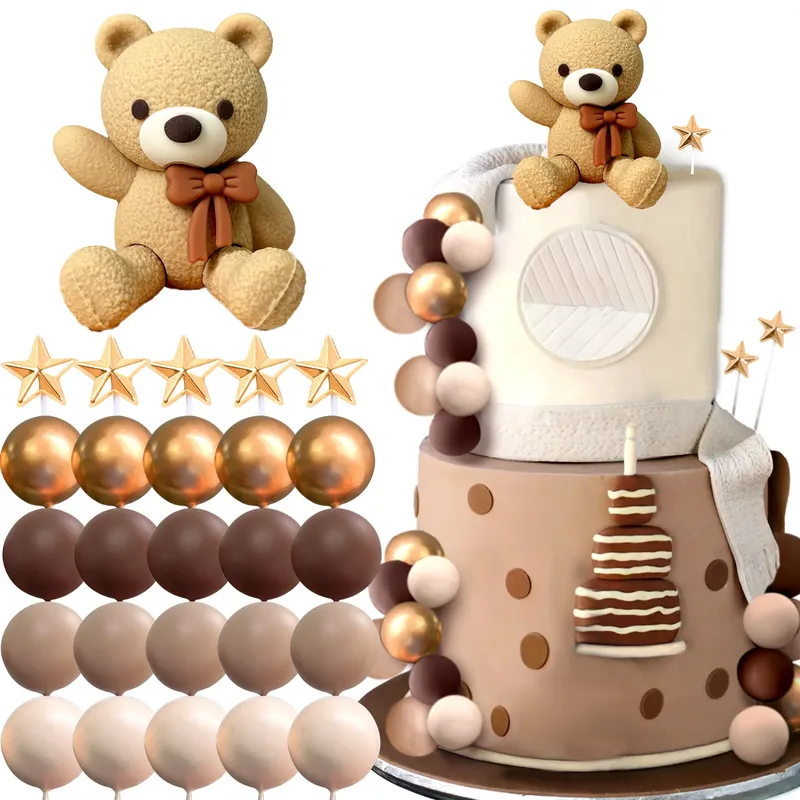 LaVenty Braunbär Kuchendekoration Beige Braune Kugeln Tortenaufsatz Boho Bären Kuchendekoration Babyparty Geburtstagstorte Dekoration