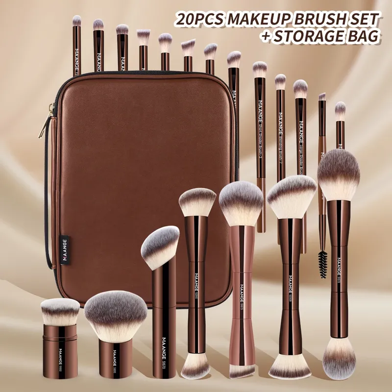 MAANGE 20 Stück Pro Make-up-Pinsel + Aufbewahrungstasche Dual End Foundation Puder Rouge Lidschattenpinsel Beauty Blending Organizer Tool