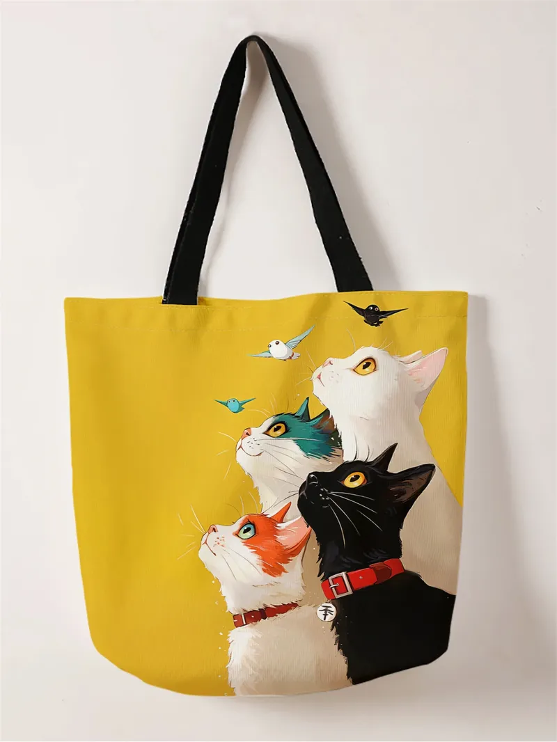 1 Stück, gestapelte Katzenhandtasche, wiederverwendbare modische Handtasche, multifunktionale Handtasche, bedruckte Einkaufstasche aus Segeltuch