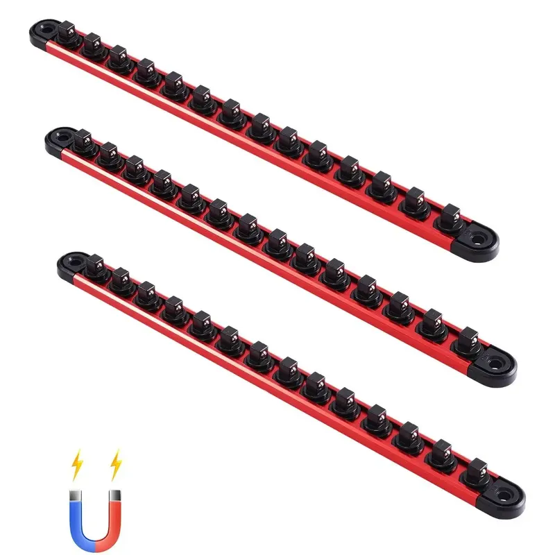 SucceBuy 3-teiliges magnetisches Steckschlüssel-Organizer-Schienen-Set, metrisch und SAE-Aluminium-Steckschlüsselhalter, 3/8'' 1/2'' mit 360° °   Clips für Werkzeugkasten