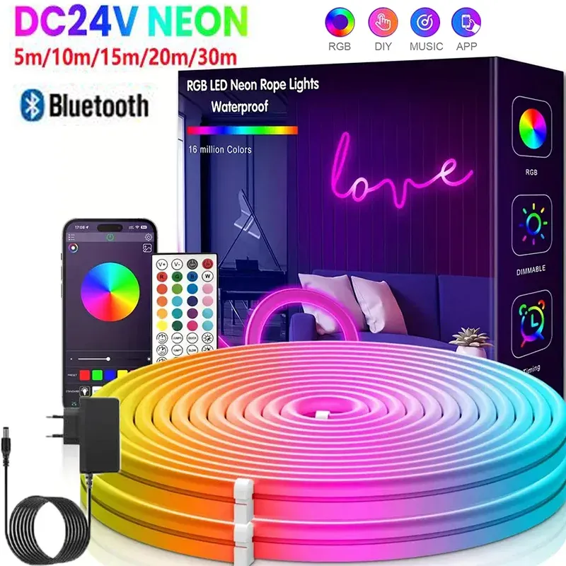 EU-Stecker DC24V 3535 RGB Neon LED-Streifen 5/10/15/20/30M Bluetooth Musik-Synchronisation Wasserdichtes Neon-Seil-Licht für Innen- und Außendekoration