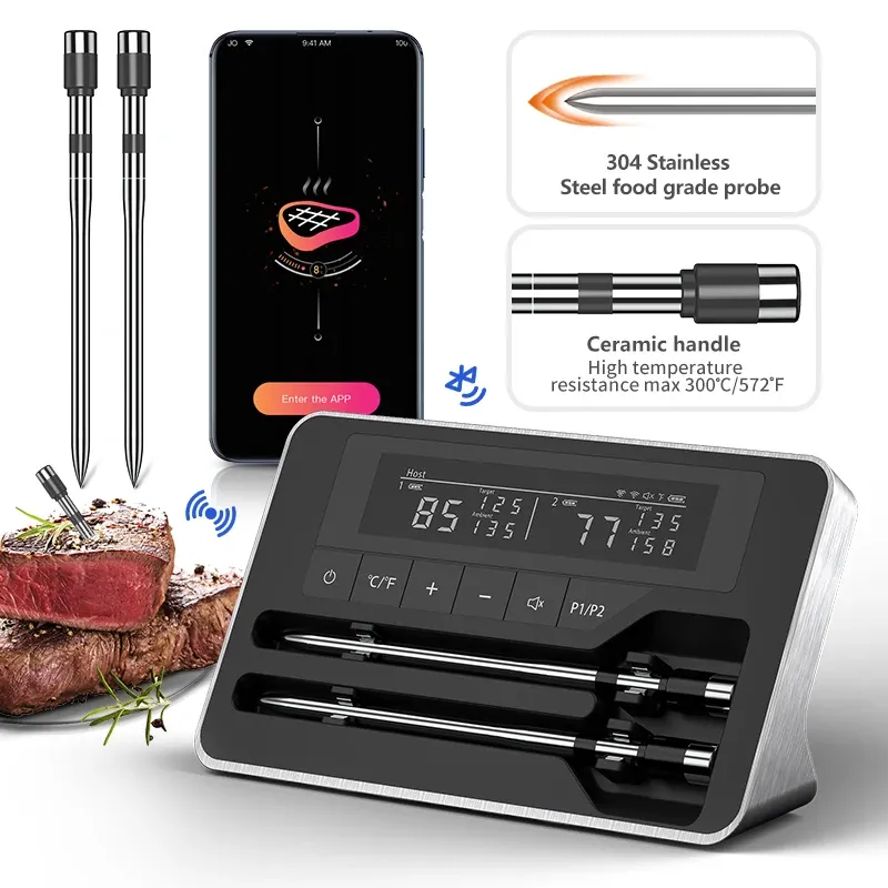 Fleischthermometer, kabellose Sonde, Bluetooth, digitales Lebensmittelthermometer, unterstützt mobile APP mit LCD-Bildschirm für Ofen, Smoker, BBQ, Grill