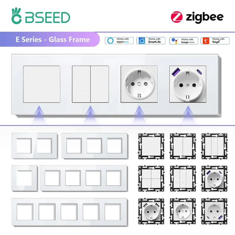 BSEED Zigbee 1/2/3Gang Smart Licht Schalter Tuya Smart Leben Alexa EU Steckdosen Funktion Teile Glas Panels DIY Teile