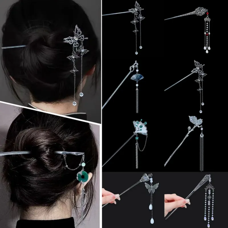 18 cm Chinesischen Stil Haarnadel Elegante Blume Schmetterling Quaste Haar Stick Für Frauen Vintage Hanfu Metall Schmuck Haar Zubehör 1pc
