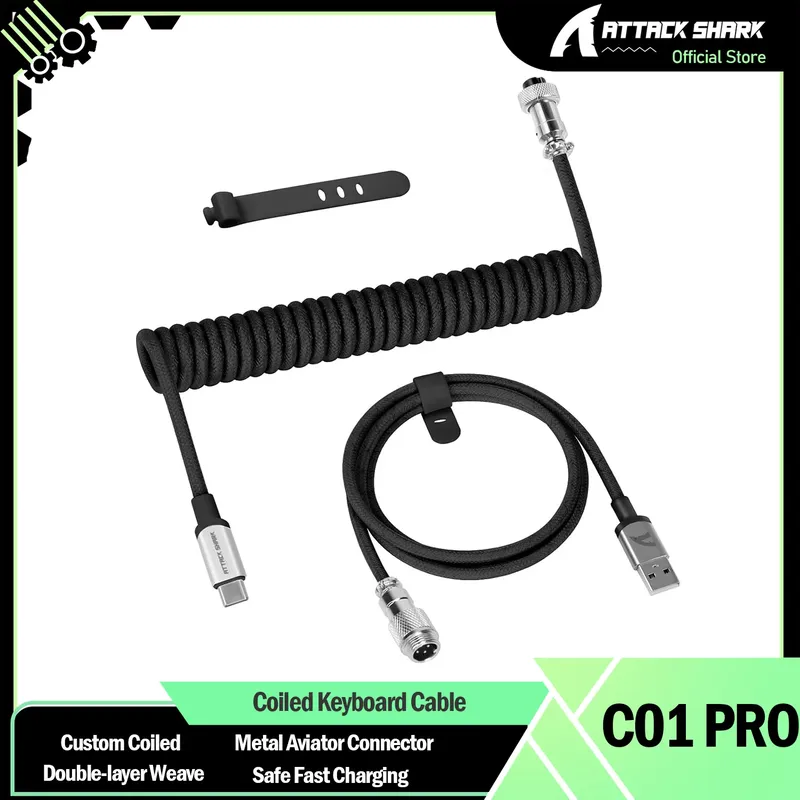 ATTACK SHARK C01 PRO Spiral-USB-C-Kabel für Gaming-Tastatur, individuelles geflochtenes doppelärmeliges mechanisches Tastatur-Ladekabel