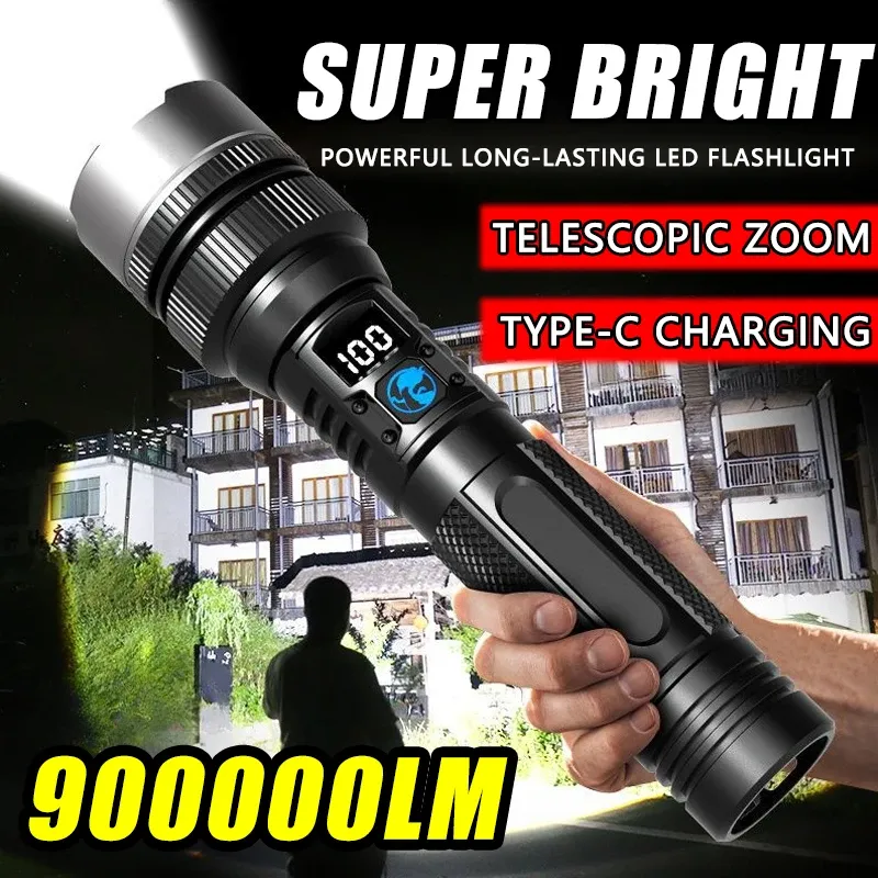 900000 LM Leistungsstarke LED-Taschenlampe, Zoom-Taschenlampe mit Digitalanzeige, tragbare wiederaufladbare Typ-C-Taschenlampen für Camping, Wandern