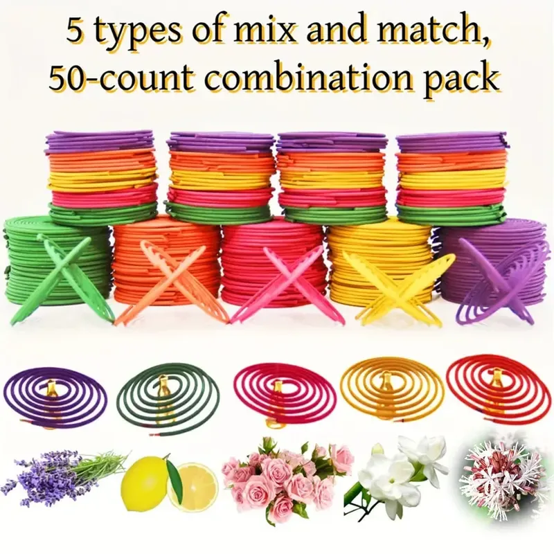 50 Stück gemischte Duft-Räucherstäbchen, Spiralform, Zitrone, Rose, Jasmin, Lavendel, Orange, 3–4 Stunden Verbrennungszeit, milder Duft,