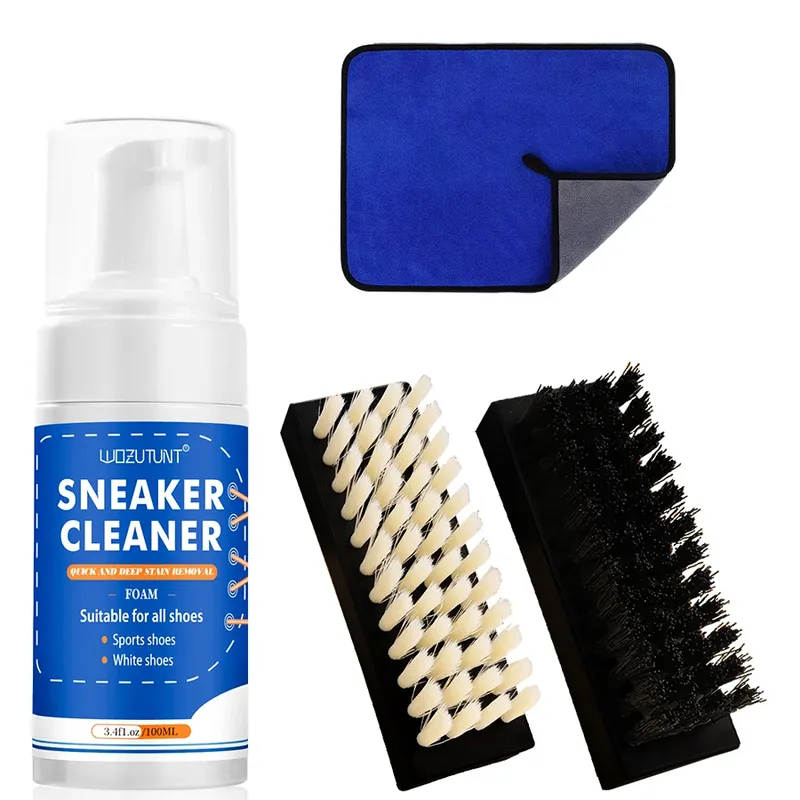 Weißes Schuhreinigungsset für Sneakers, Segeltuch, Nubuk-Wildleder, Dekontamination, Sneaker-Reinigungsschaum mit 2 Bürsten und 1 Handtuch-Set
