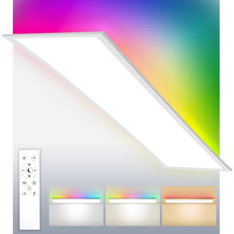 LED-Panel-Deckenleuchte 100 x 25 cm, 30 W, dimmbar mit Fernbedienung, RGB-Hintergrundbeleuchtung, 3000 K–6500 K für Wohnzimmer, Büro usw.