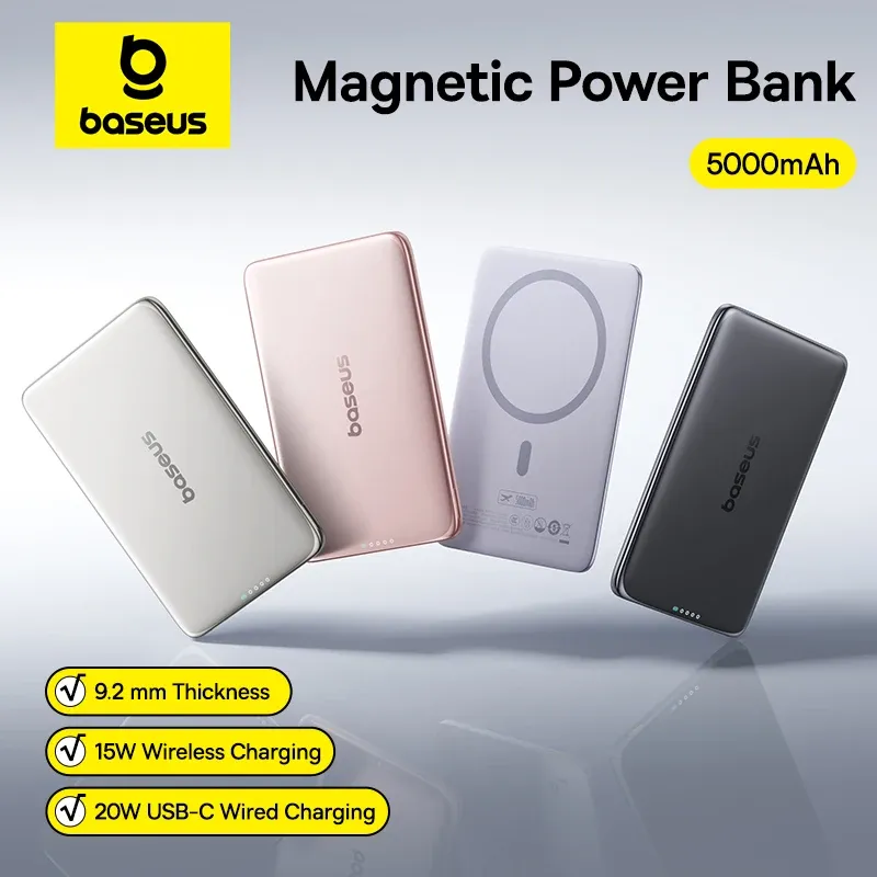 Baseus 5000 mAh magnetische Powerbank, 15 W, kabellos, 20 W, kabelgebunden, dünn, kartengröße, schlanke tragbare Powerbank für iPhone 17 Samsung